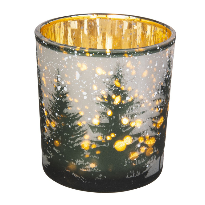 Teelichtglas - Winterwald - grün/silber/weiß - ca. 7 x 8 cm