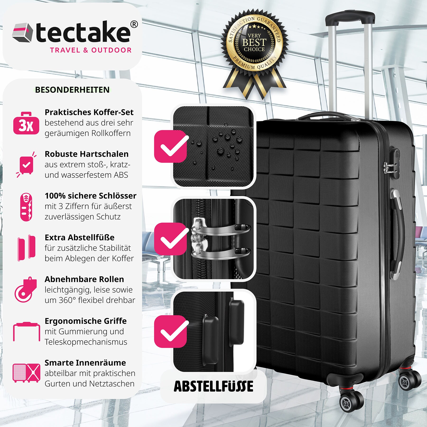 tectake® Hartschalenkoffer-Set, 3-teilig, aus robustem ABS-Kunststoff, 360° drehbare, abnehmbare Rollen, mit Sicherheits-Zahlenschloss