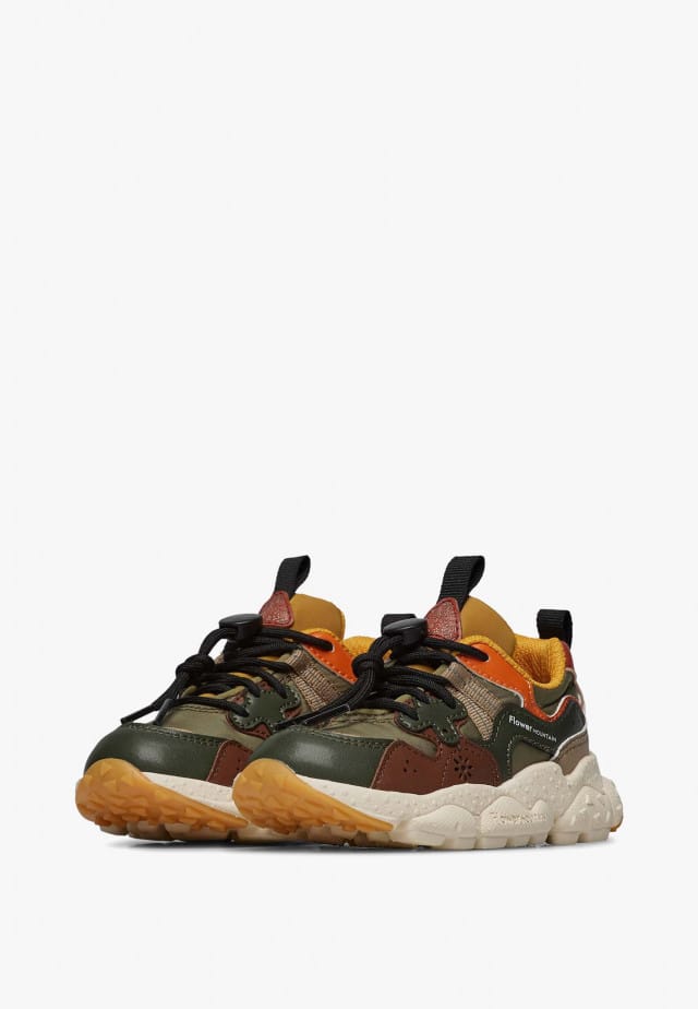 YAMANO 3 JUNIOR.Sneakers aus Kunstleder und technischem Gewebe, Militärgrün-Braun