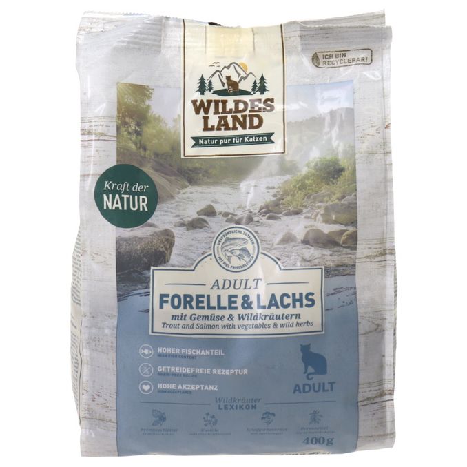 Katzenfutter Forelle & Lachs mit Gemüse & Wildkräutern, 400g von Wildes Land