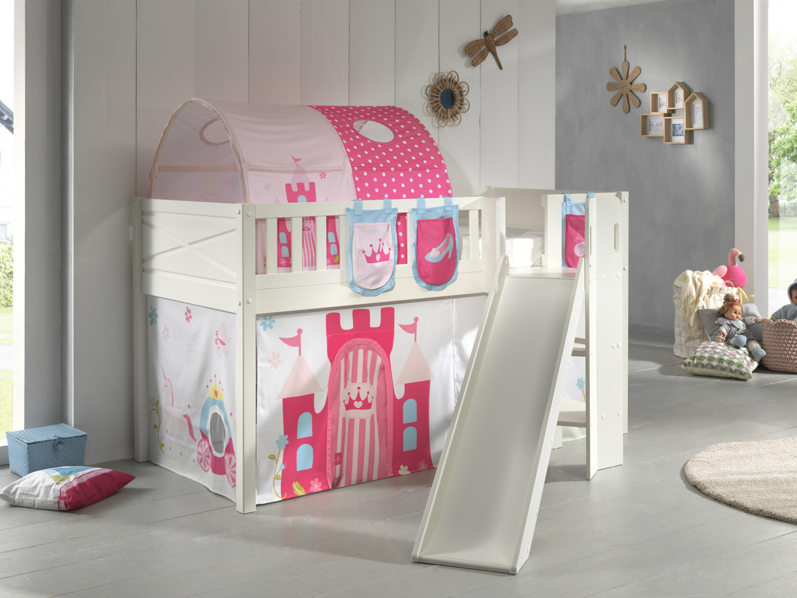 Spielbett SCOTT - weiß - Princess - mit Rutsche - Vorhang, Leiter, Tunnel und Taschen - 90x200 cm