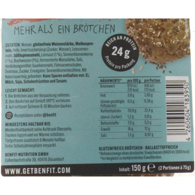 High Protein Vollkorn Brötchen, 150g von Benfit