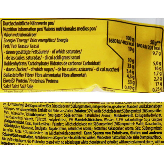Proteinriegel White Chocolate Almond, 18er Pack, 18x 50g von Multipower