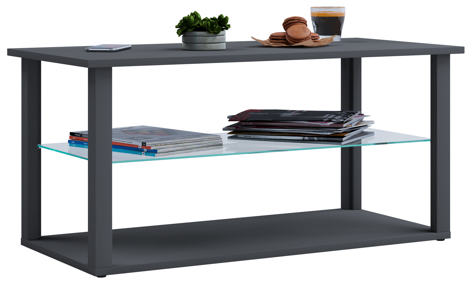 Couchtisch WANILO L - anthrazit - Glasboden - 95x45 cm