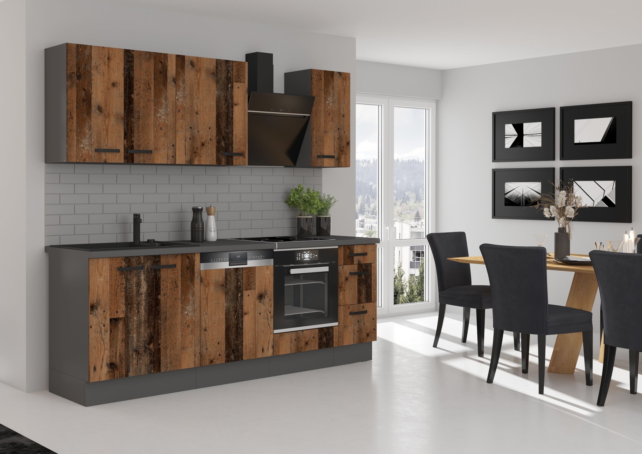Küche OLD STYLE Basic 240 cm Old Wood Optik Küchenzeile Küchenblock Einbauküche