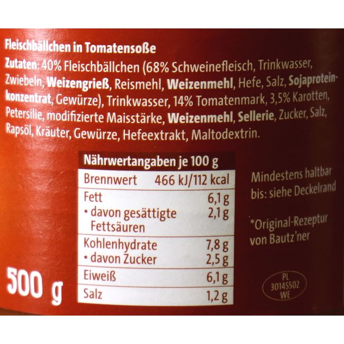 Fleischbällchen Tomatensauce, 500g von Bautz'ner