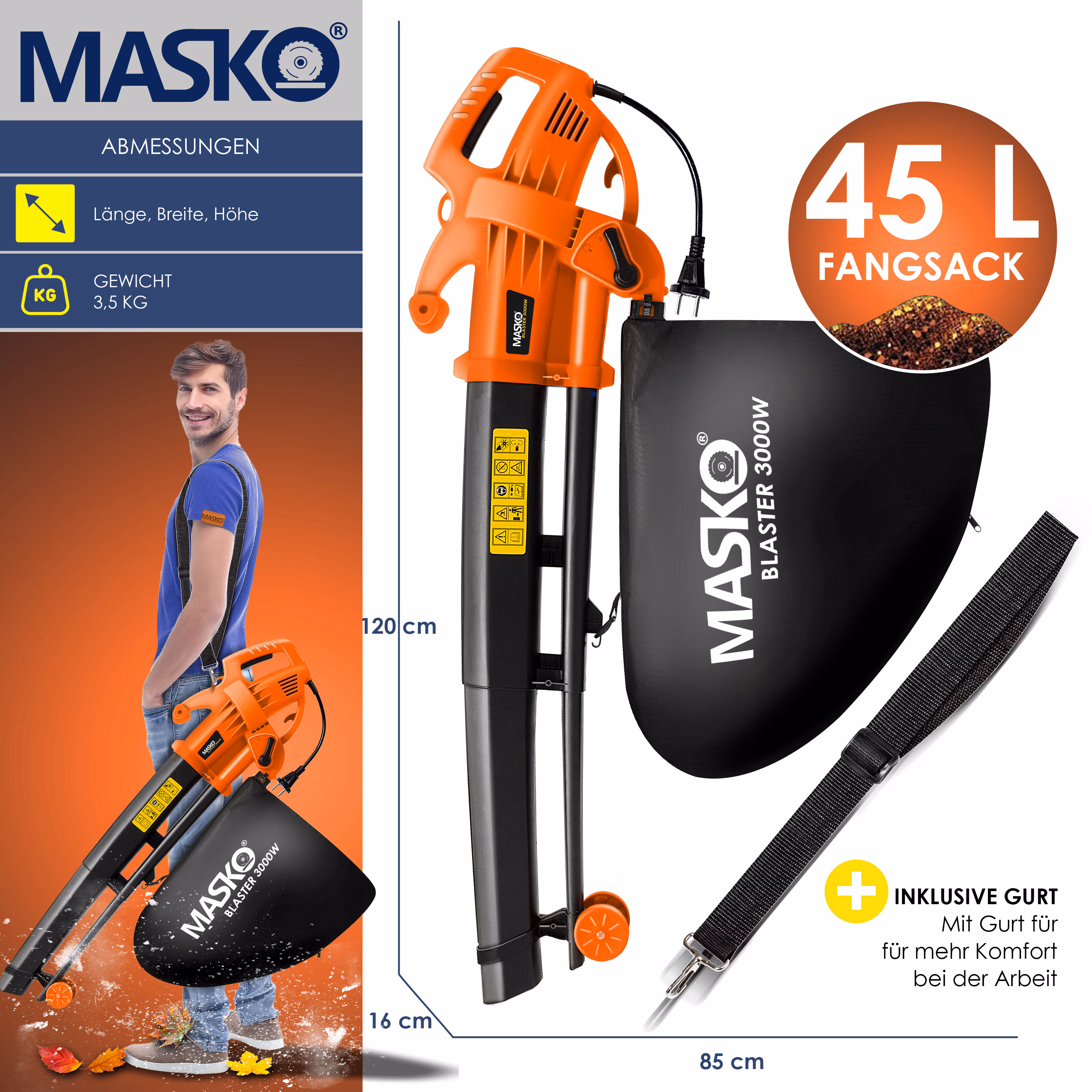 MASKO® Elektro Laubsauger 3in1 Elektrischer 3000W 45L Laubbläser Laubhäcksler