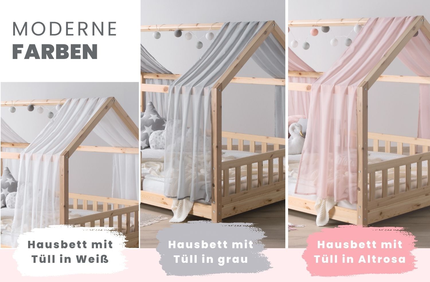 TiCAA TiCAA Kinderbett Hausbett mit Tüll Kim 90x200 cm, 100x200 cm, 120x200 cm, 140x200 cmfür Jungen & Mädchen, inkl. Rolllattenrost, Schubkasten und Rausfallschutz variabel, MontessoriBett Natur aus Kiefer Massivholz