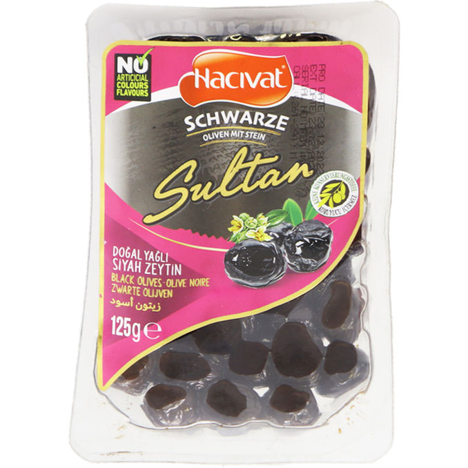Schwarze Oliven mit Stein, 125g von Sultan