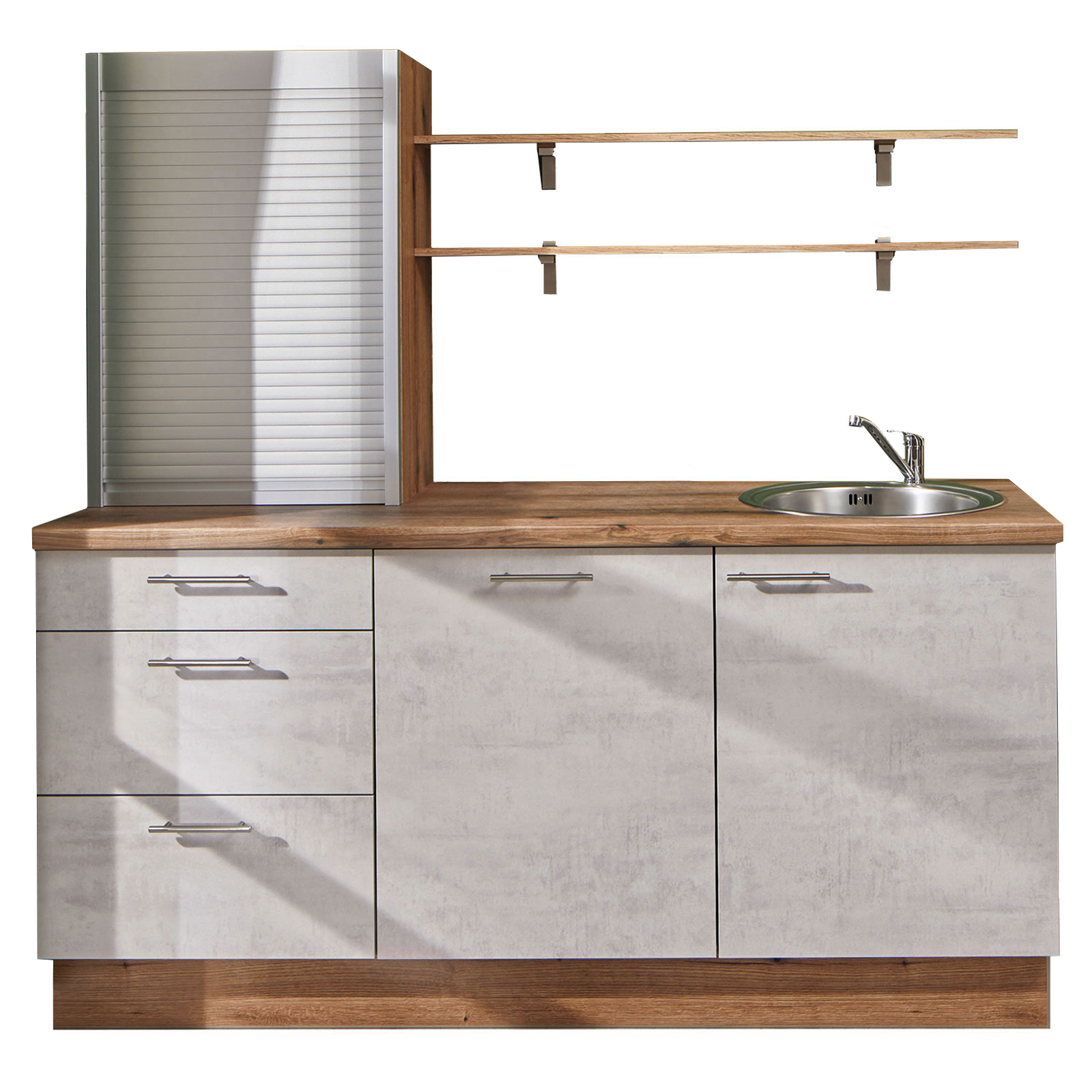 Küchenblock - Beton-weißgrau - Evoke Eiche - mit E-Gerät - 180 cm