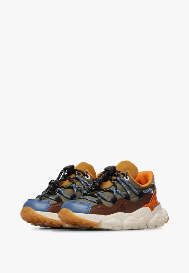 RAIKIRI JUNIOR.Sneakers aus Kunstleder und technischem Gewebe, Militärgrün-Braun