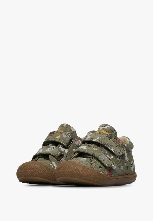 NATURINO COCOON VLLauflernschuhe aus Veloursleder mit Dinosaurier-Print, Militärgrün