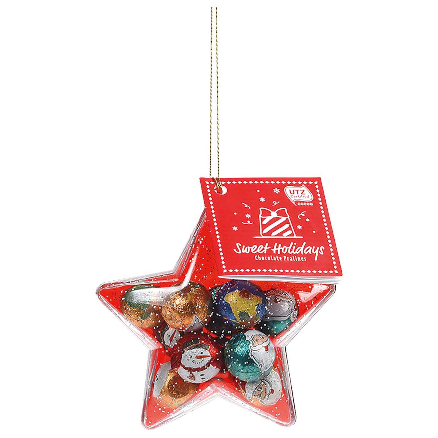 Weihnachtsanhänger gefüllt mit Schokoladenkugeln 50 g 2fach