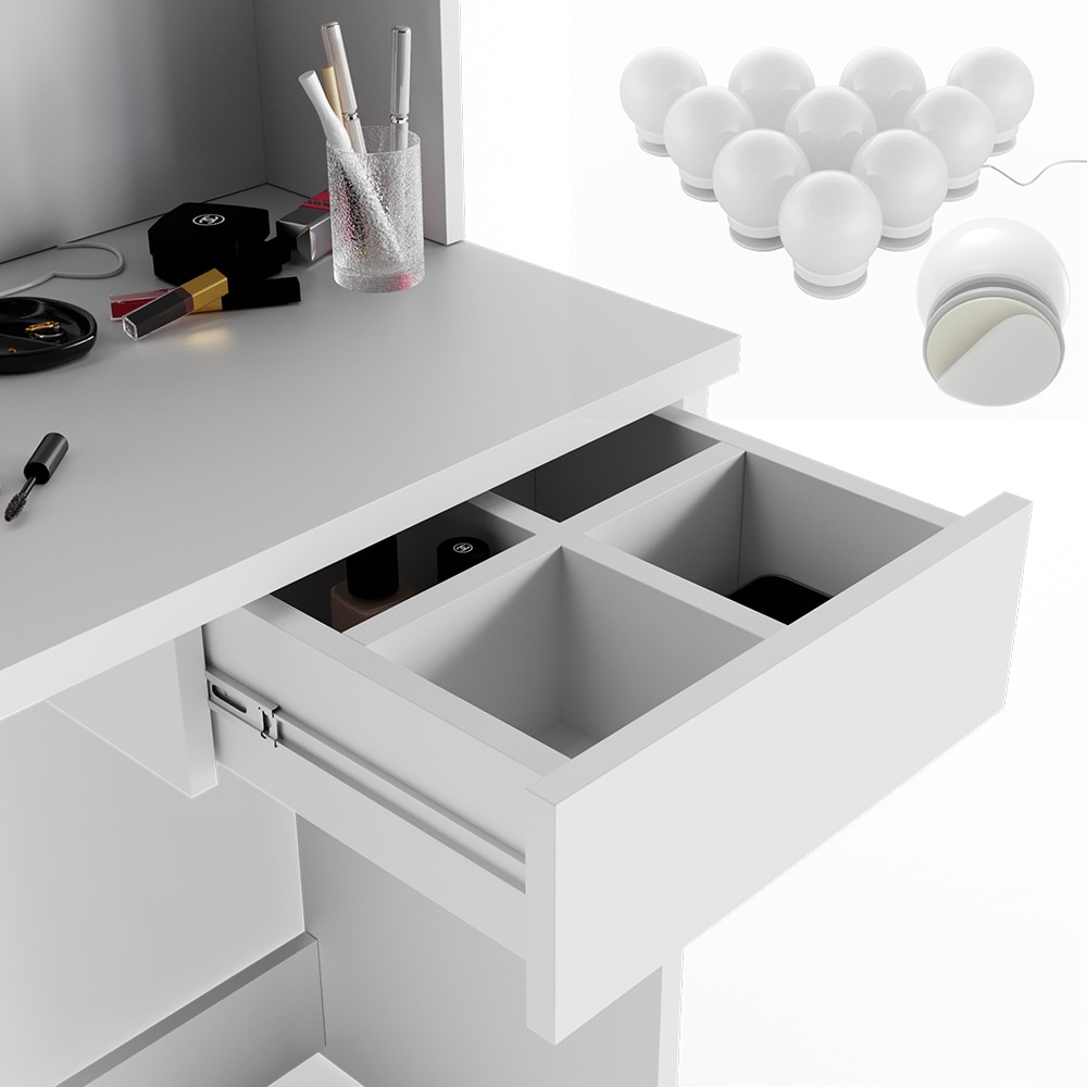 Vicco Schminktisch Dekos Kosmetiktisch Frisierkommode Frisiertisch Spiegel Weiß inklusive LED-Lichterkette