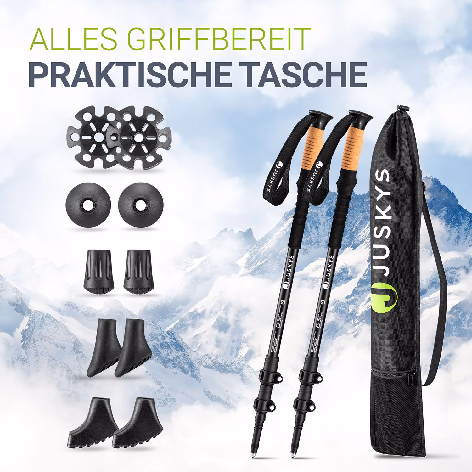 Juskys Nordic Walking Stöcke - Alu Teleskop Wanderstöcke, leicht, ausziehbar, Tasche - Schwarz