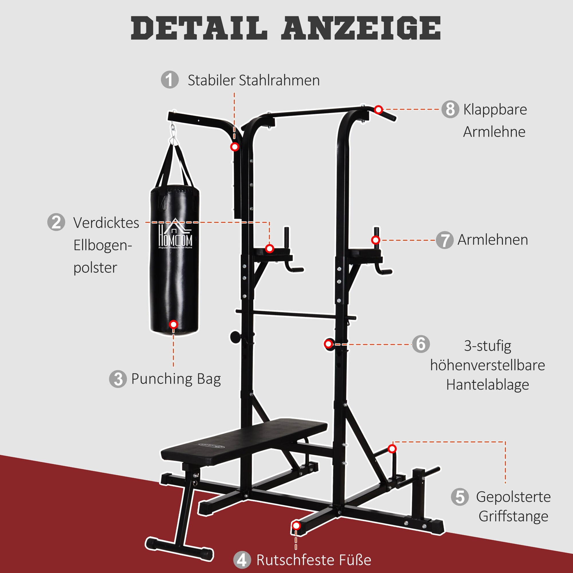 HOMCOM Kraftstation mit Klimmzugstange schwarz 180 x 183 x 219 cm (BxTxH)