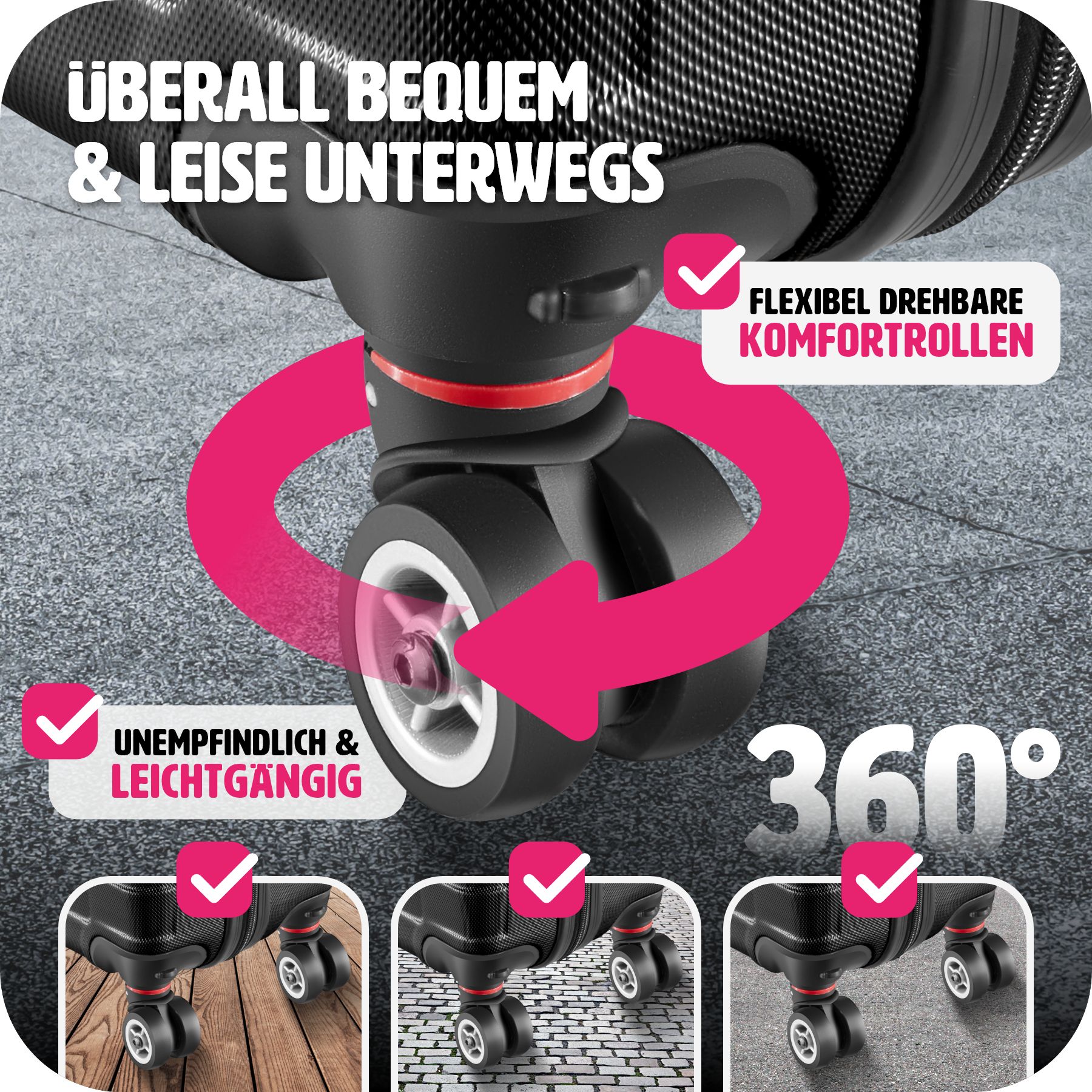 tectake® Hartschalenkoffer-Set, 3-teilig, aus robustem ABS-Kunststoff, 360° drehbare, abnehmbare Rollen, mit Sicherheits-Zahlenschloss