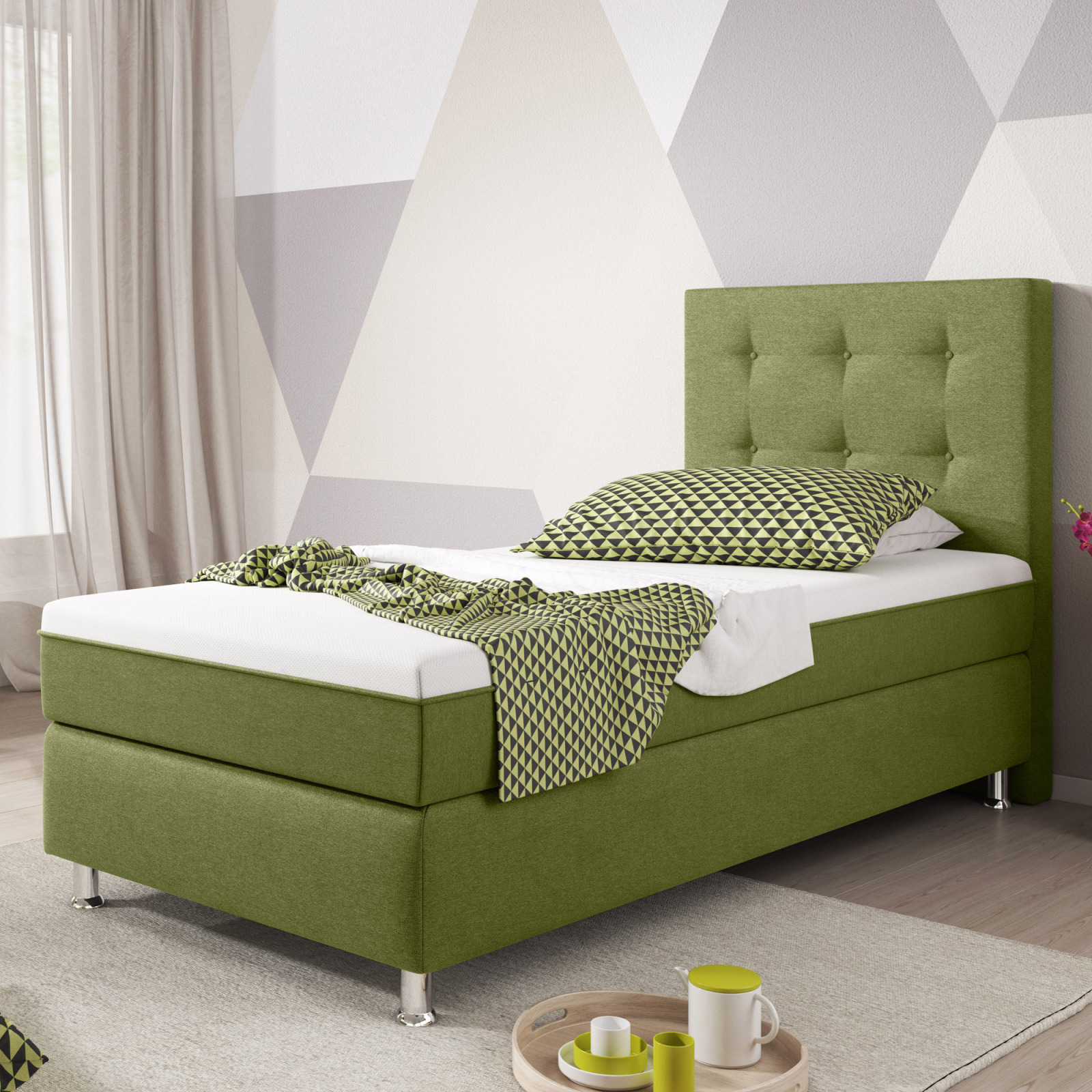 Boxspringbett - grün - H3 - 90x200 cm