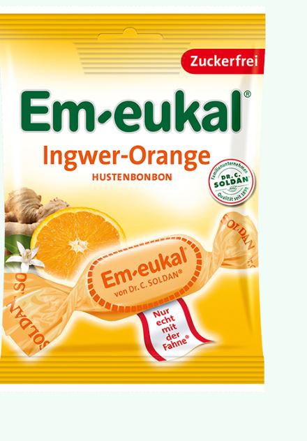 Em-eukal Ingwer-Orange Hustenbonbons Zuckerfrei 75g MHD 30.04.27 MHD:30.8.27