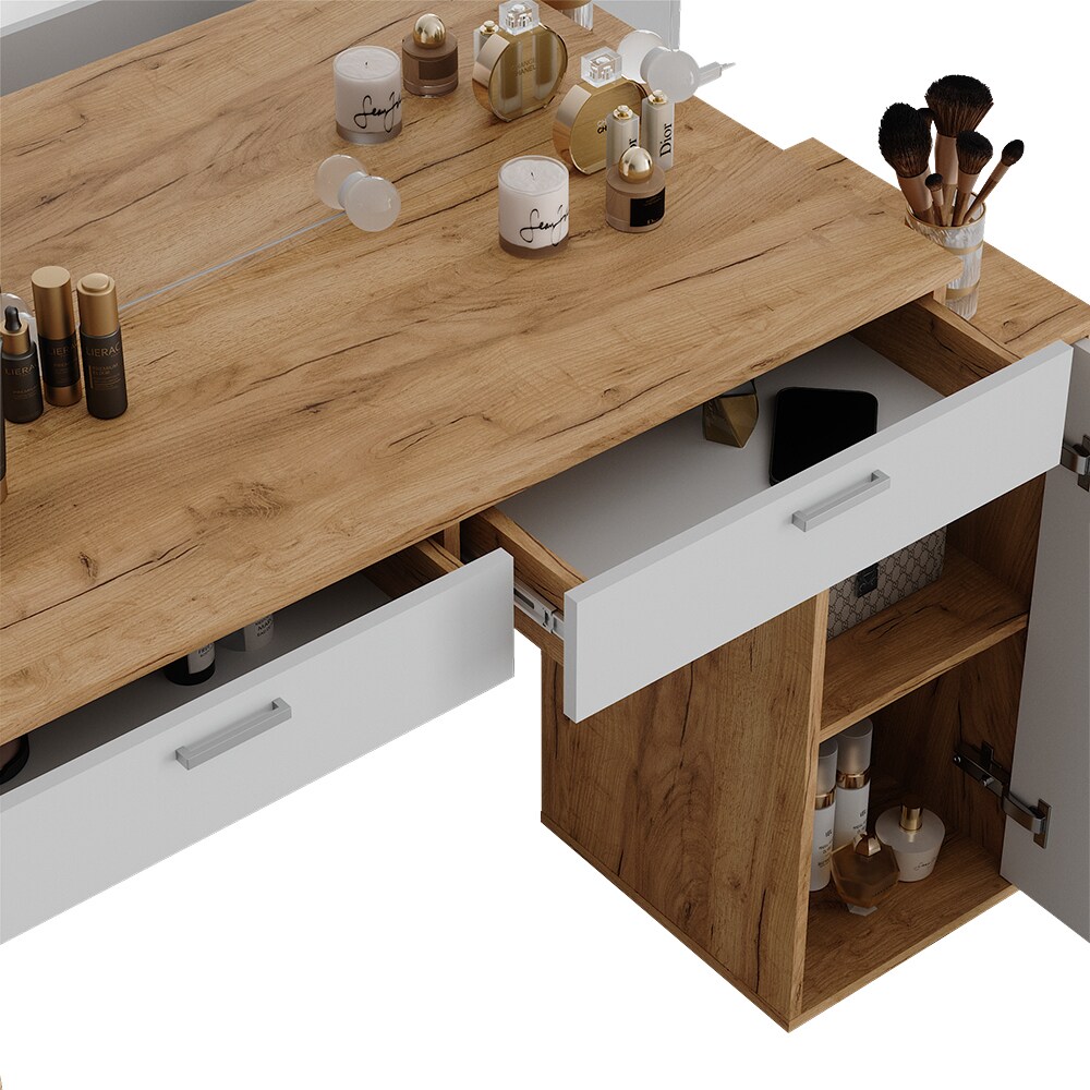 Vicco Schminktisch Regina Eiche Weiß 130 cm mit Spiegel und Beleuchtung