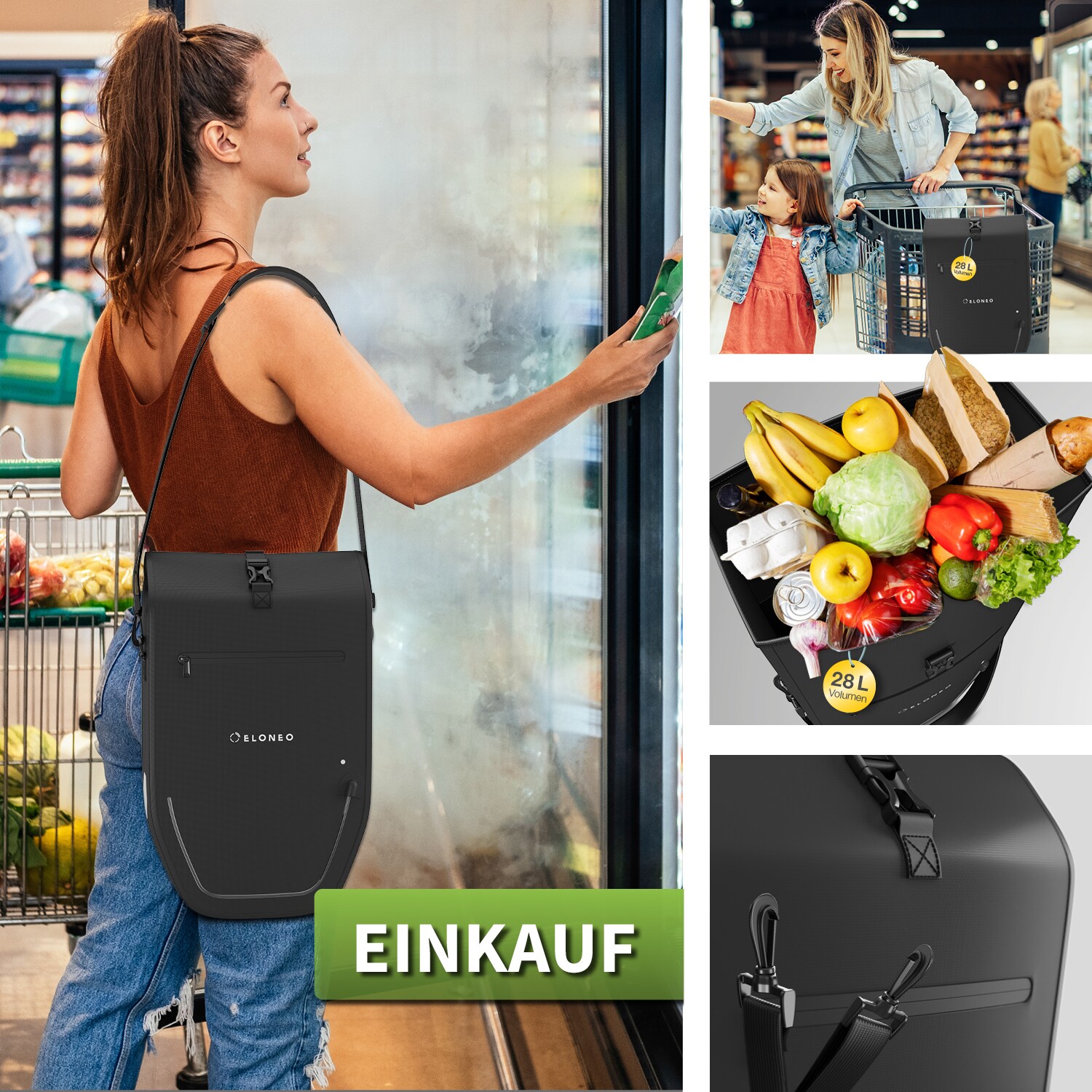 eloneo Fahrradtasche für Laptop wasserdicht mit LED, 28L