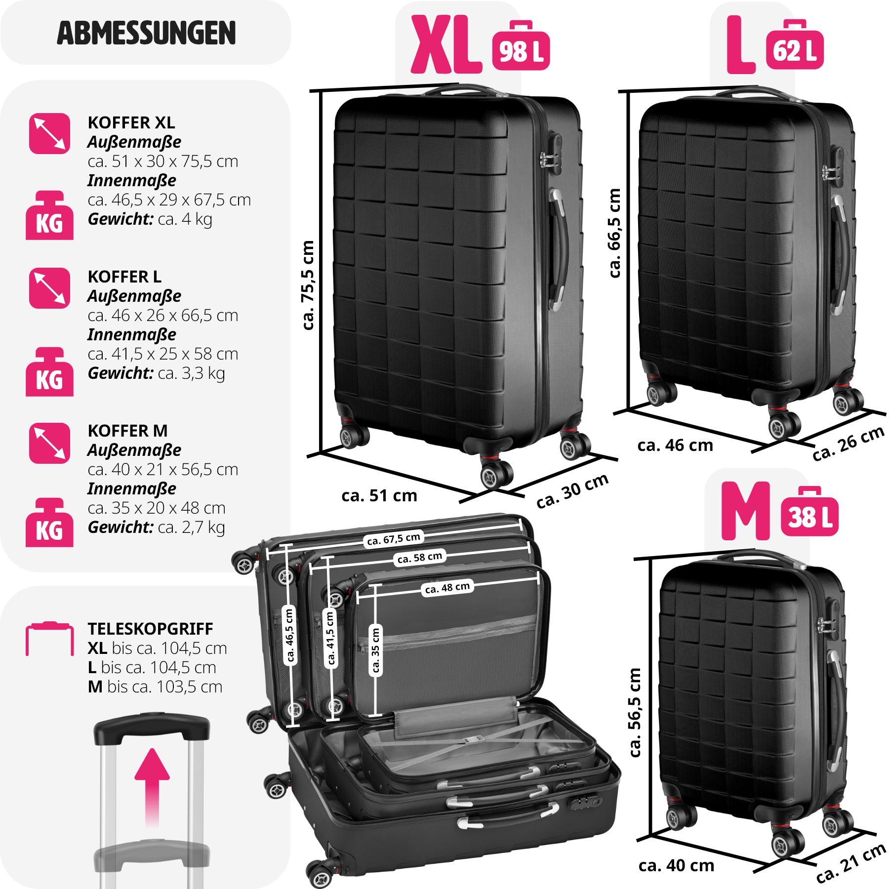 tectake® Hartschalenkoffer-Set, 3-teilig, aus robustem ABS-Kunststoff, 360° drehbare, abnehmbare Rollen, mit Sicherheits-Zahlenschloss