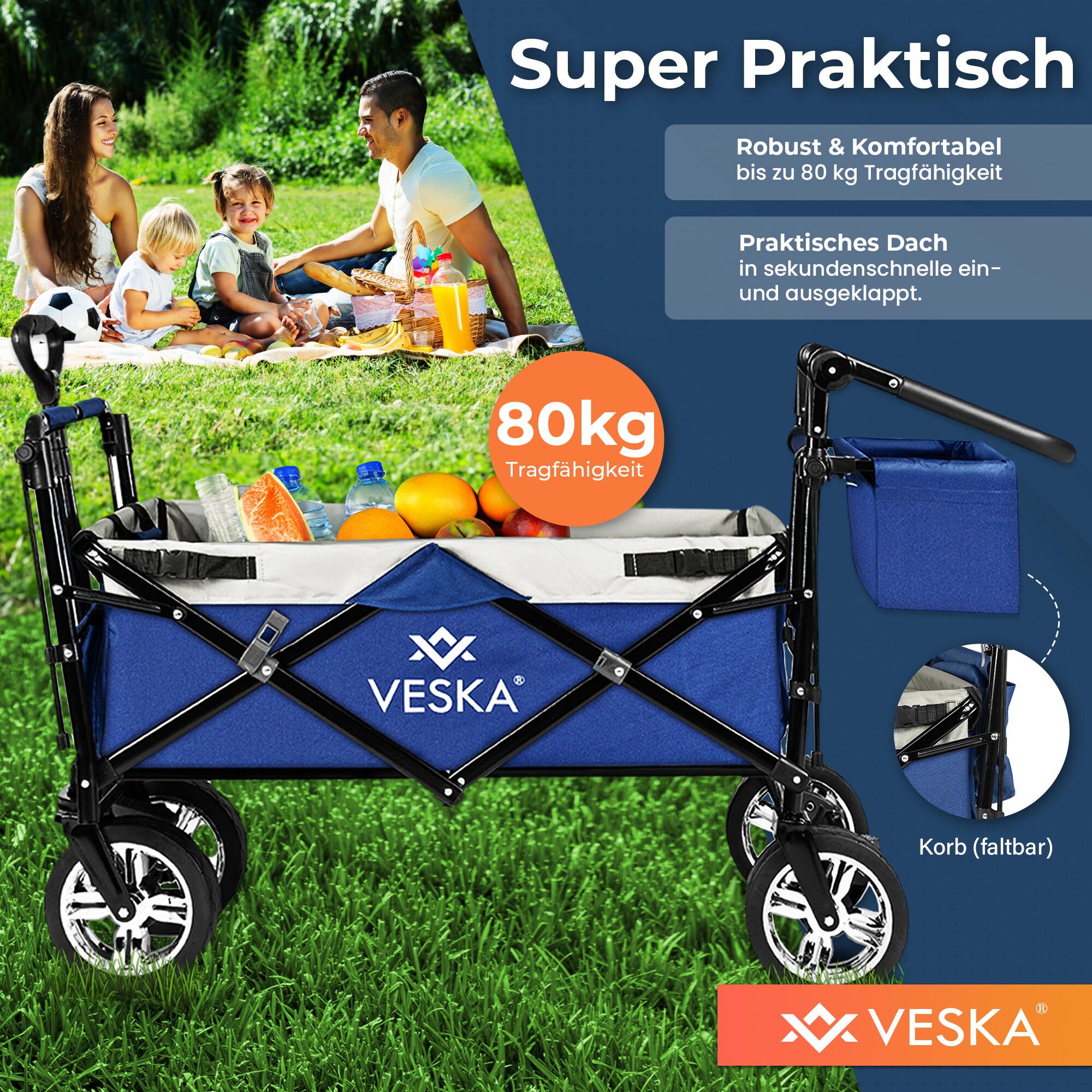 VESKA Bollerwagen faltbar mit Dach Handwagen Transportwagen anthrazit/grau