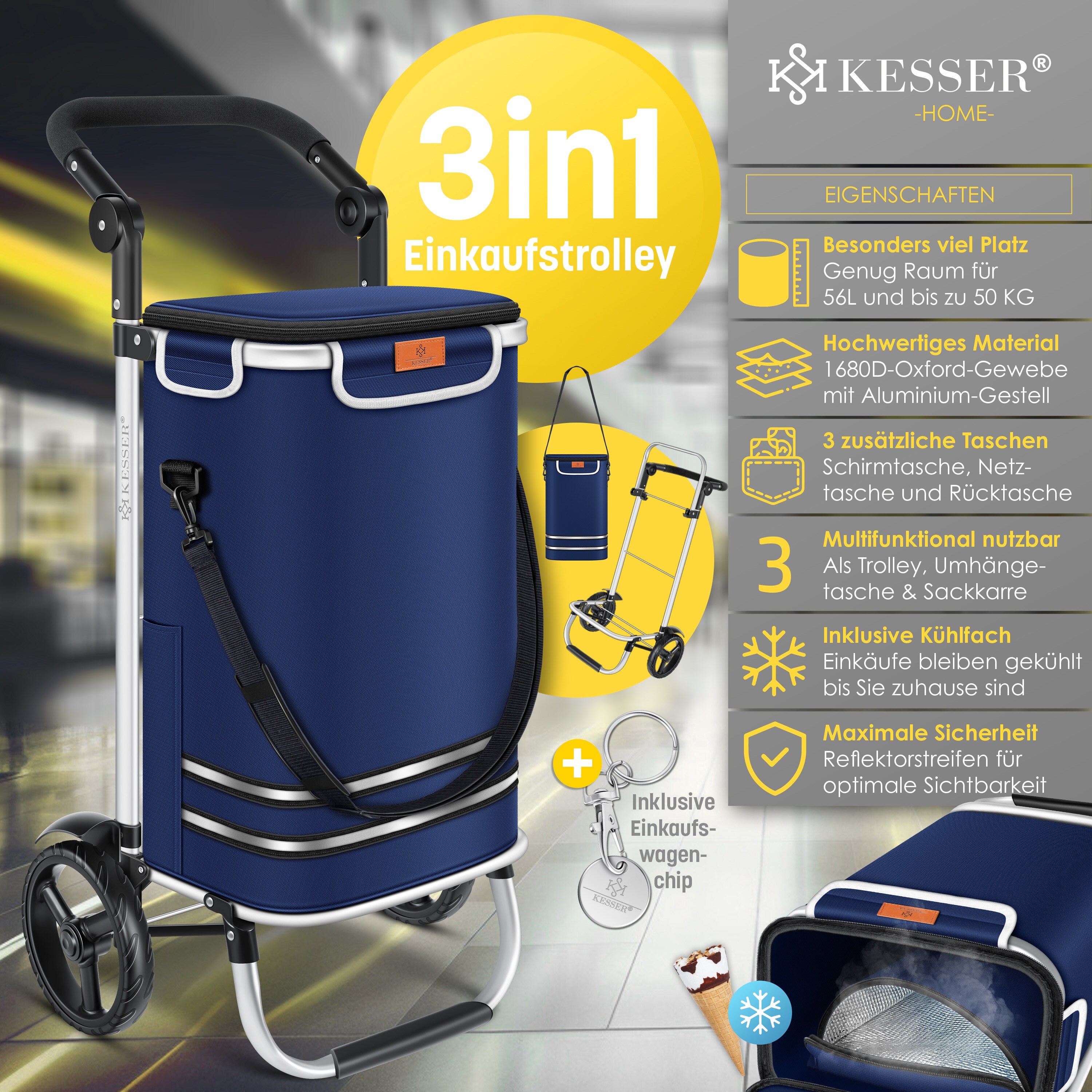 KESSER® Einkaufstrolley klappbar mit 56L Kapazität und belastbar bis 50kg | 3in1 Trolley Sackkarre & Umhängetasche | Faltbarer Einkaufswagen inkl. Kühlfach & Einkaufschip | Treppensteiger