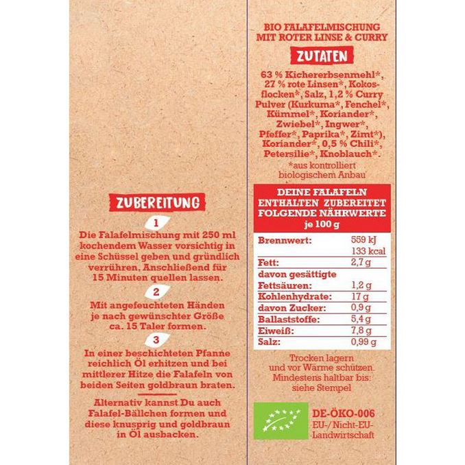 BIO Rote Linse & Curry Falafelmischung, 160g von Biovegan