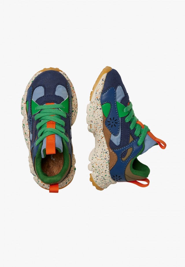 SABURO JUNIOR.Sneakers aus Kunstleder und technischem Gewebe, Marineblau-Grün
