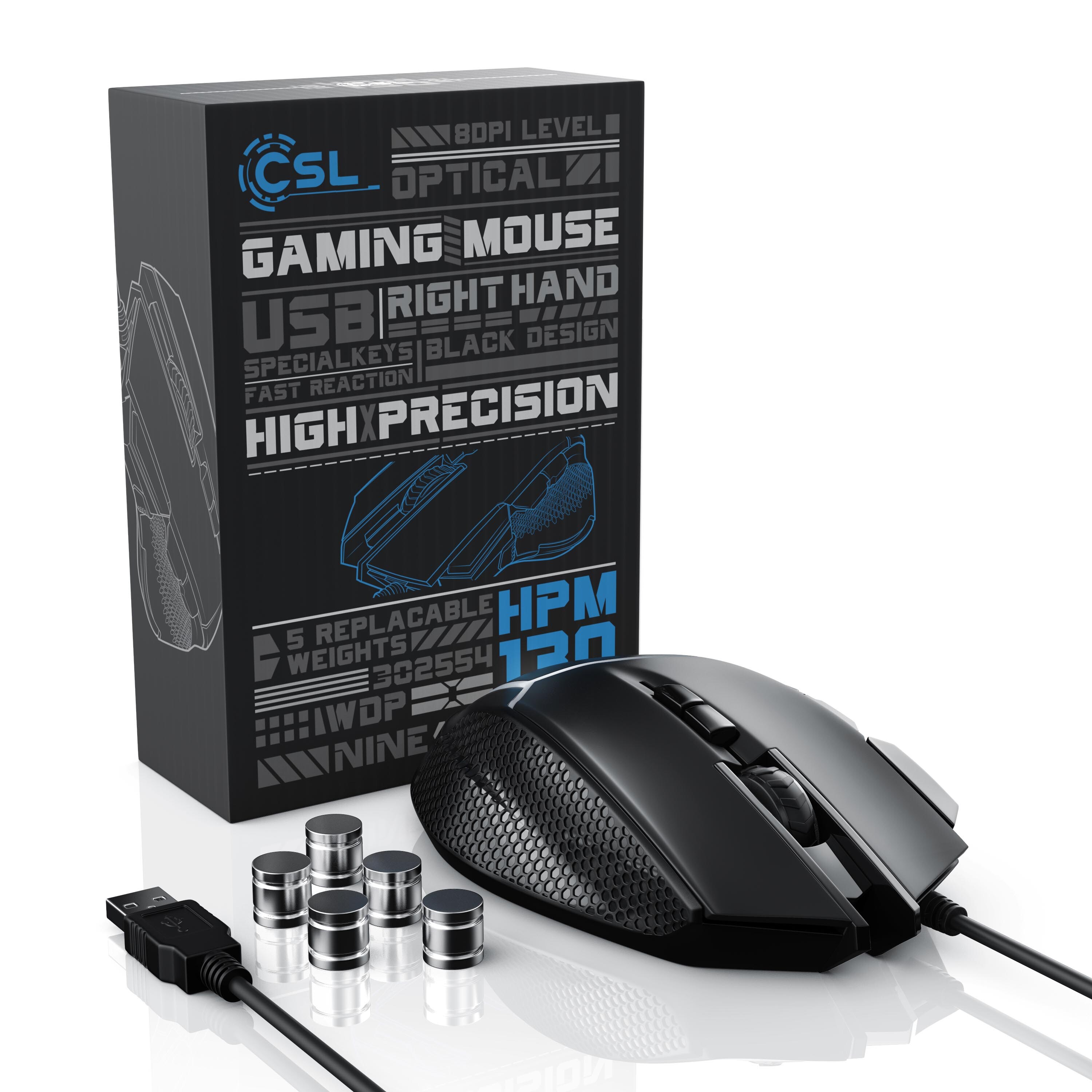 CSL Gaming-Maus kabelgebunden 500 dpi, ergonomisch, 3200 dpi, Abtastrate wählbar, Mouse inkl. Gewichten