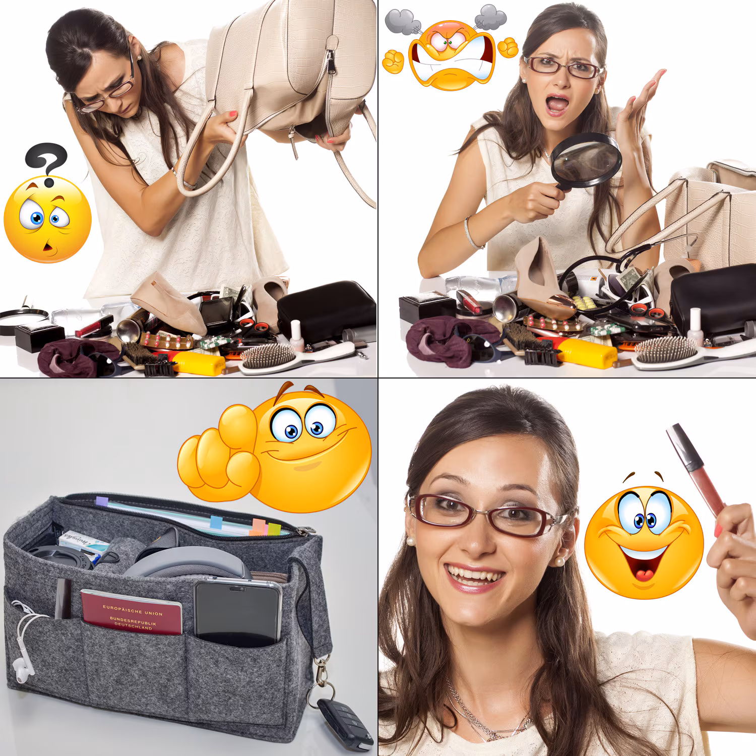 Handtaschen Organizer 30x12x17 cm Filz Tasche Innentasche Taschen Einsatz L Grau