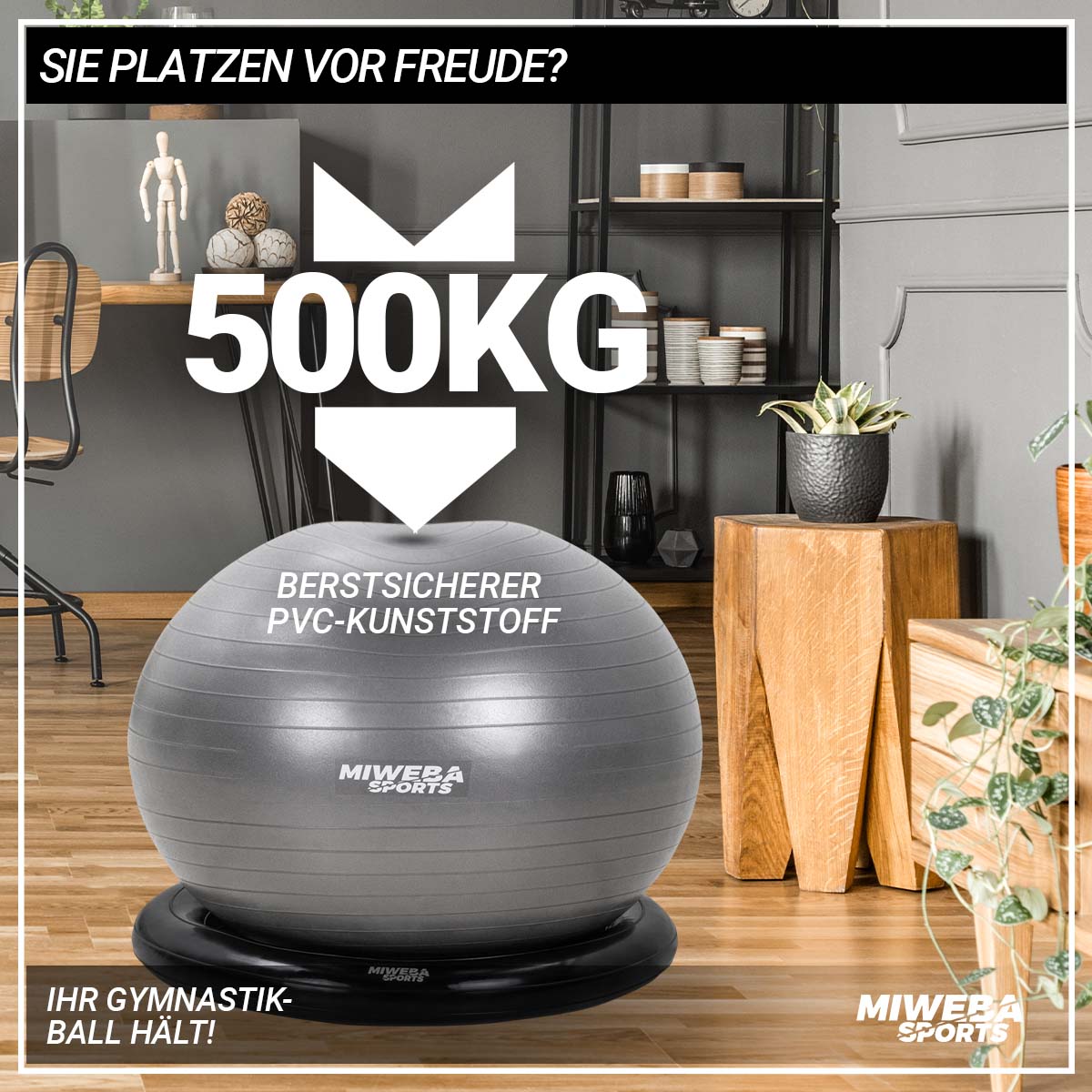 Miweba Sports 4in1-Gymnastikball-Set, Sitzball, 65 cm, Ballschale, Pumpe, Bezug, Schlingentrainer (Grau)