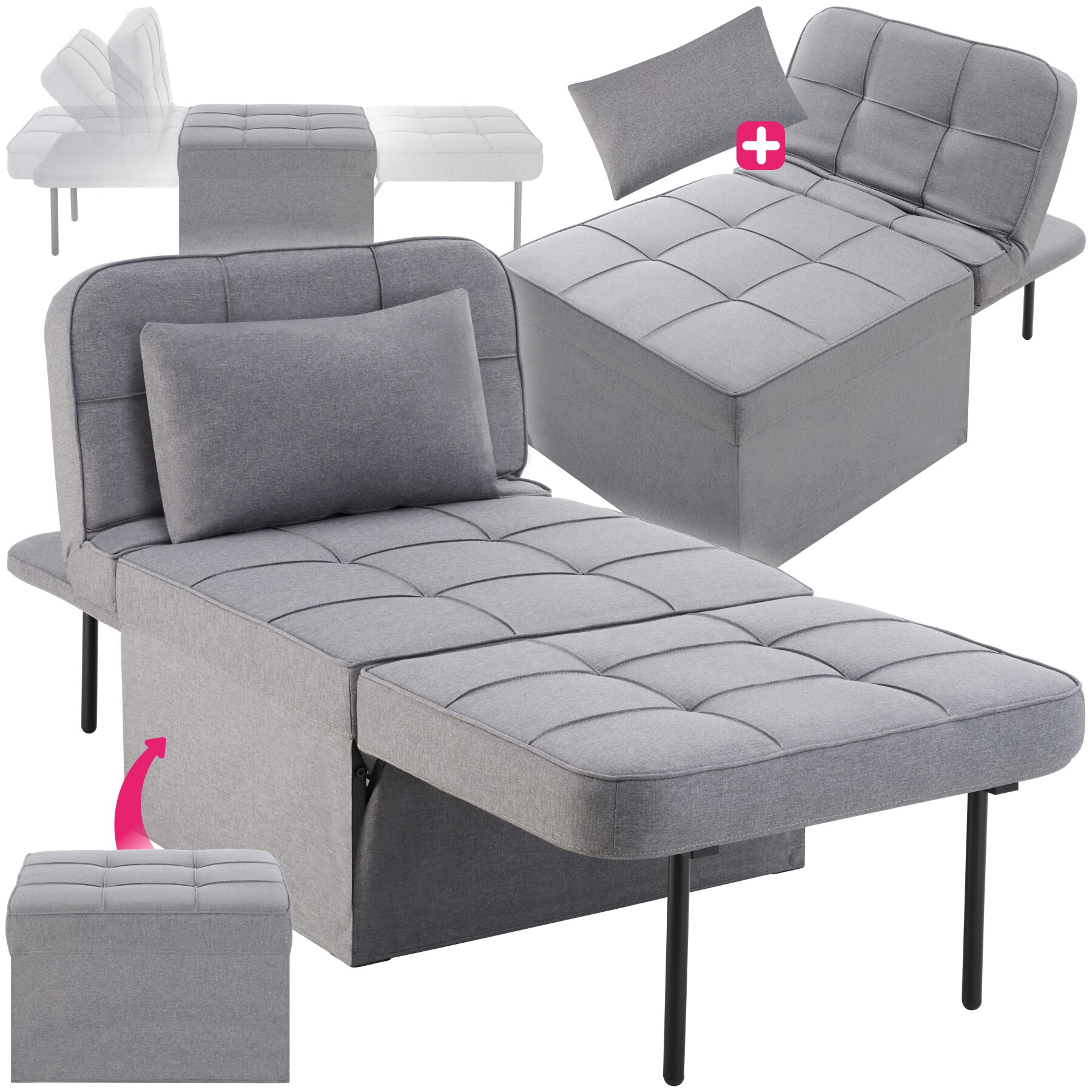 tectake® Schlafhocker, 4 in 1 als Hocker, Sessel, Lounger oder Bett, stabiles Stahlgestell, Belastbarkeit 150 kg