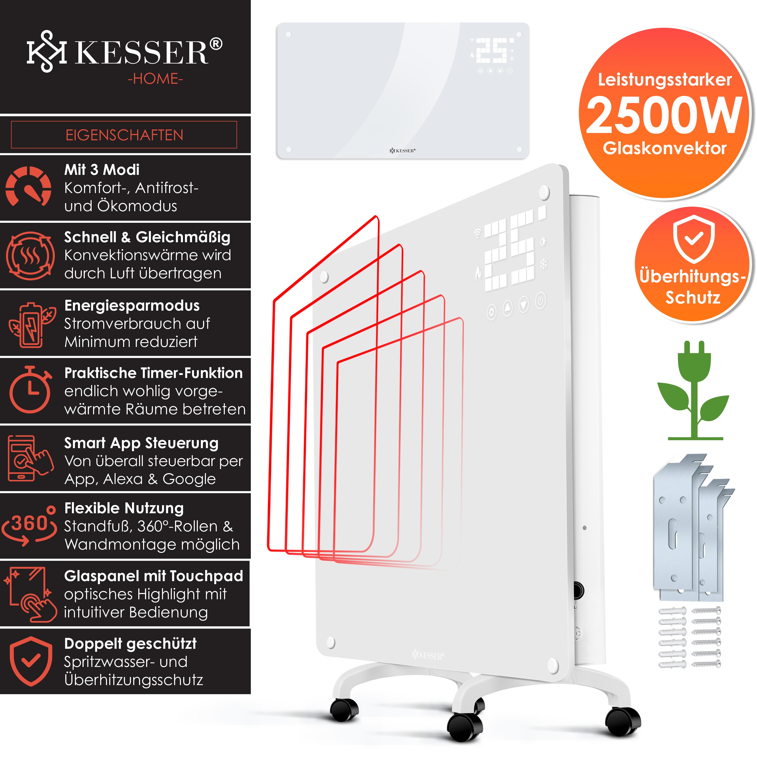 KESSER® Glaskonvektor Glasheizung Elektroheizkörper APP WiFi Funktion Inkl. Fernbedienung Elektroheizung Stand- oder ? Wand Heizung Heizkörper ?Touchscreen ? LCD-Display ? Timer |2500 Watt