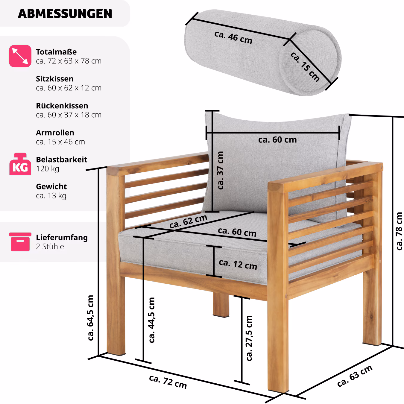 tectake® Garten-Loungesessel, mit lasiertem Holzgestell, Dicke der Sitzpolster 12 cm, bodenschonende Kunststoffkappen, 72 x 63 x 64,5 cm