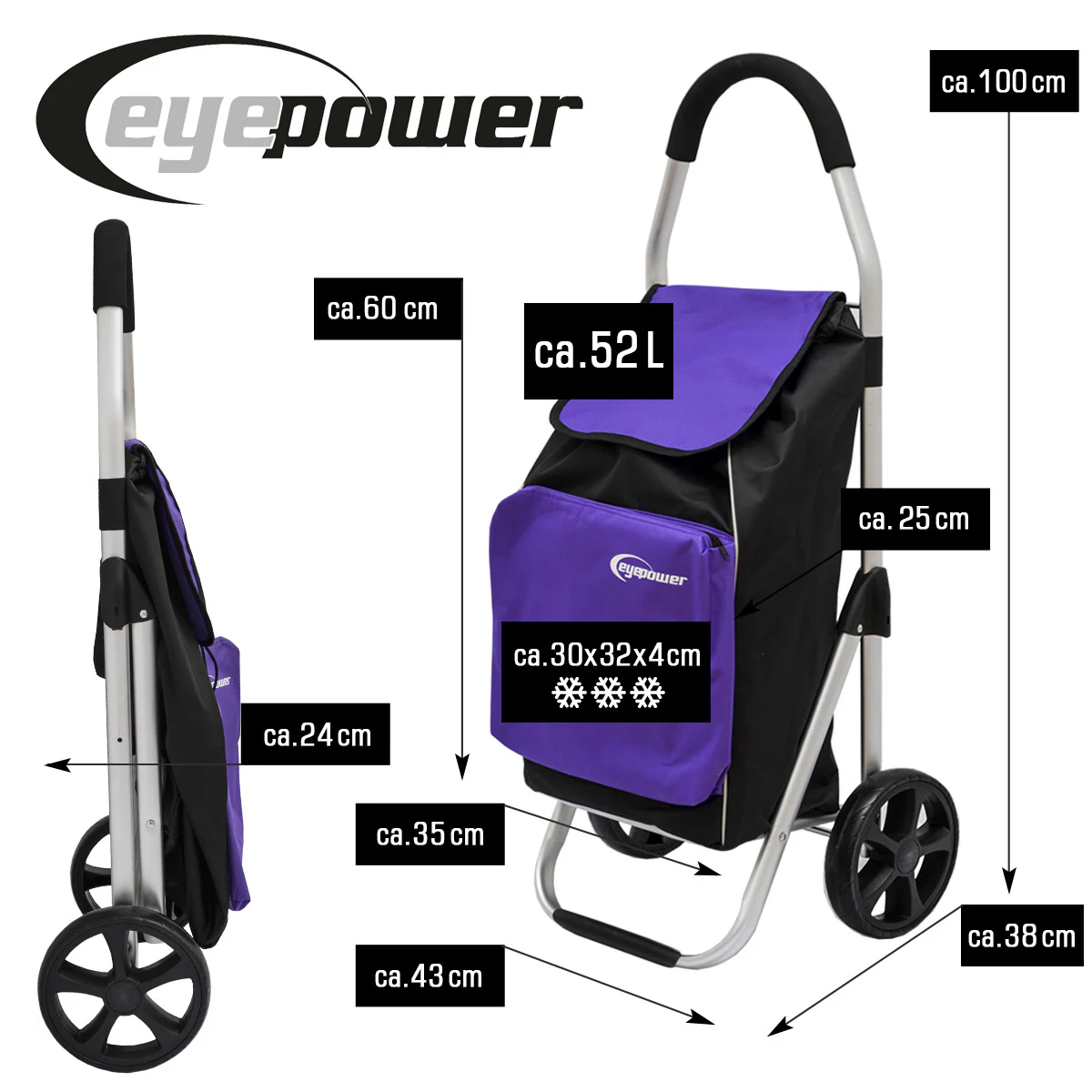 52L Einkaufstrolley Kühlfach Faltbarer Einkaufsroller XL Shopping Trolley Lila