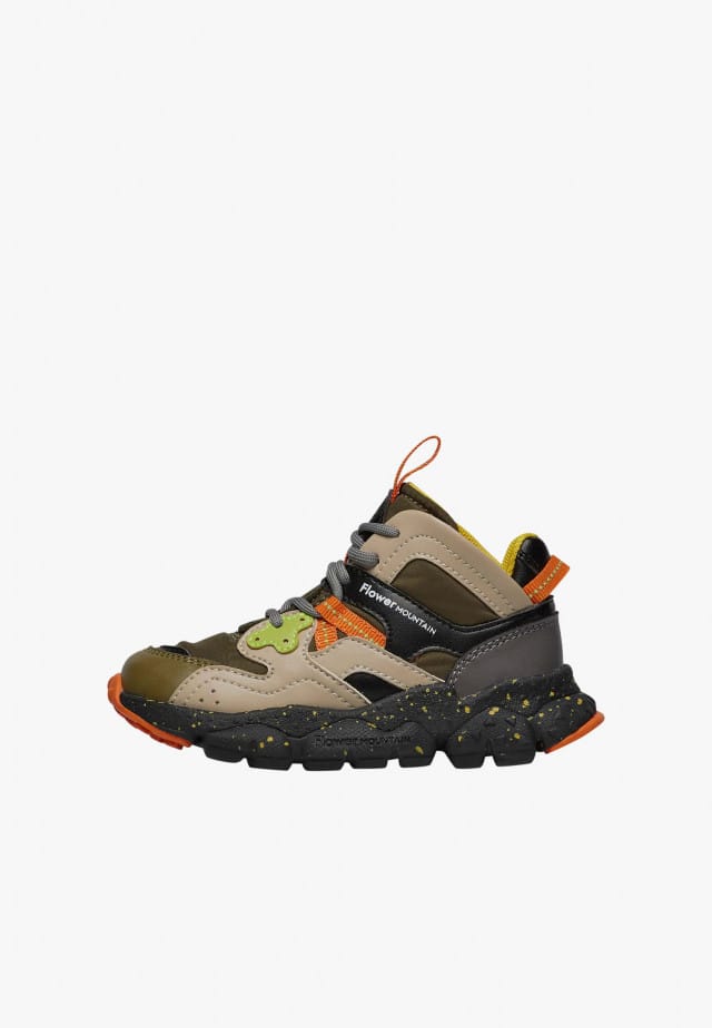YAMANO 3 HIGH JUNIOR.Hohe Sneakers aus Kunstleder und technischem Gewebe, Militärgrün-Grau