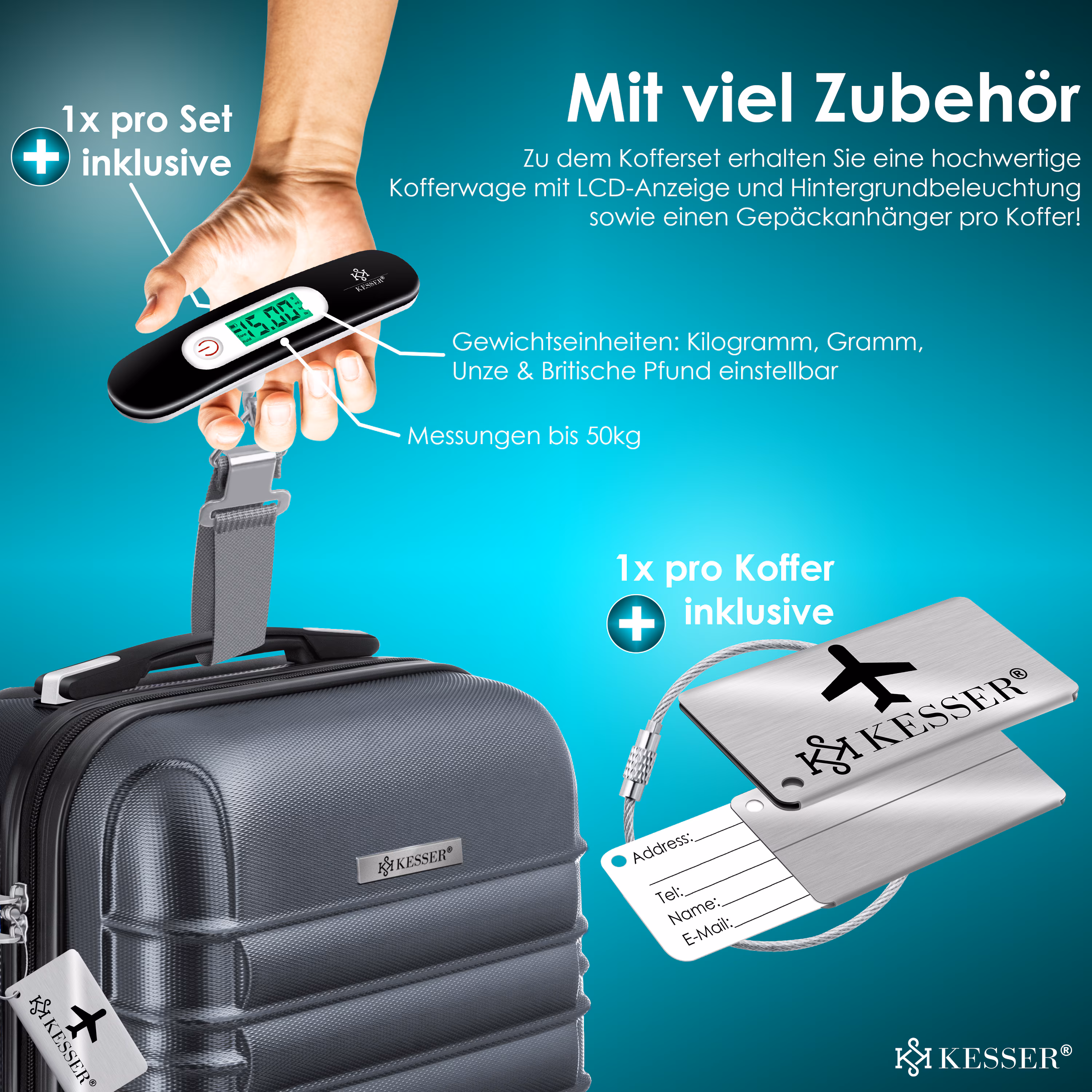 KESSER® 3tlg. Hartschalenkofferset Hartschalenkoffer Reisekoffer Set Reisekofferset Trolley Koffer Inkl. Kofferwaage + Gepäckanhänger Rollkoffer Schloss 4 Rollen ABS-Hartschale Teleskopgriff M-L-XL