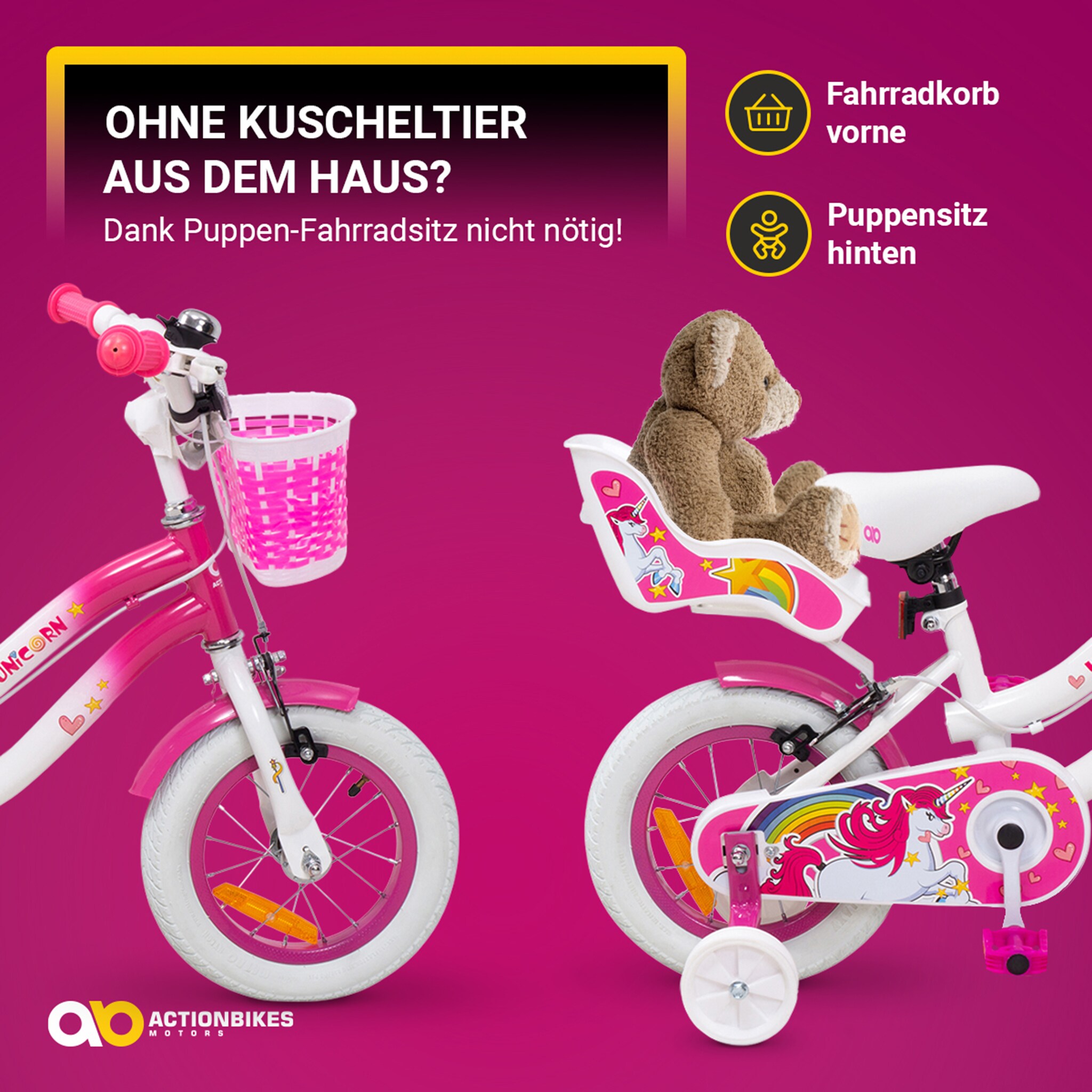 Actionbikes Kinderfahrrad Unicorn 12 Zoll, Pink, Einhorn-Design, Puppensitz, Stützräder, Fahrradkorb