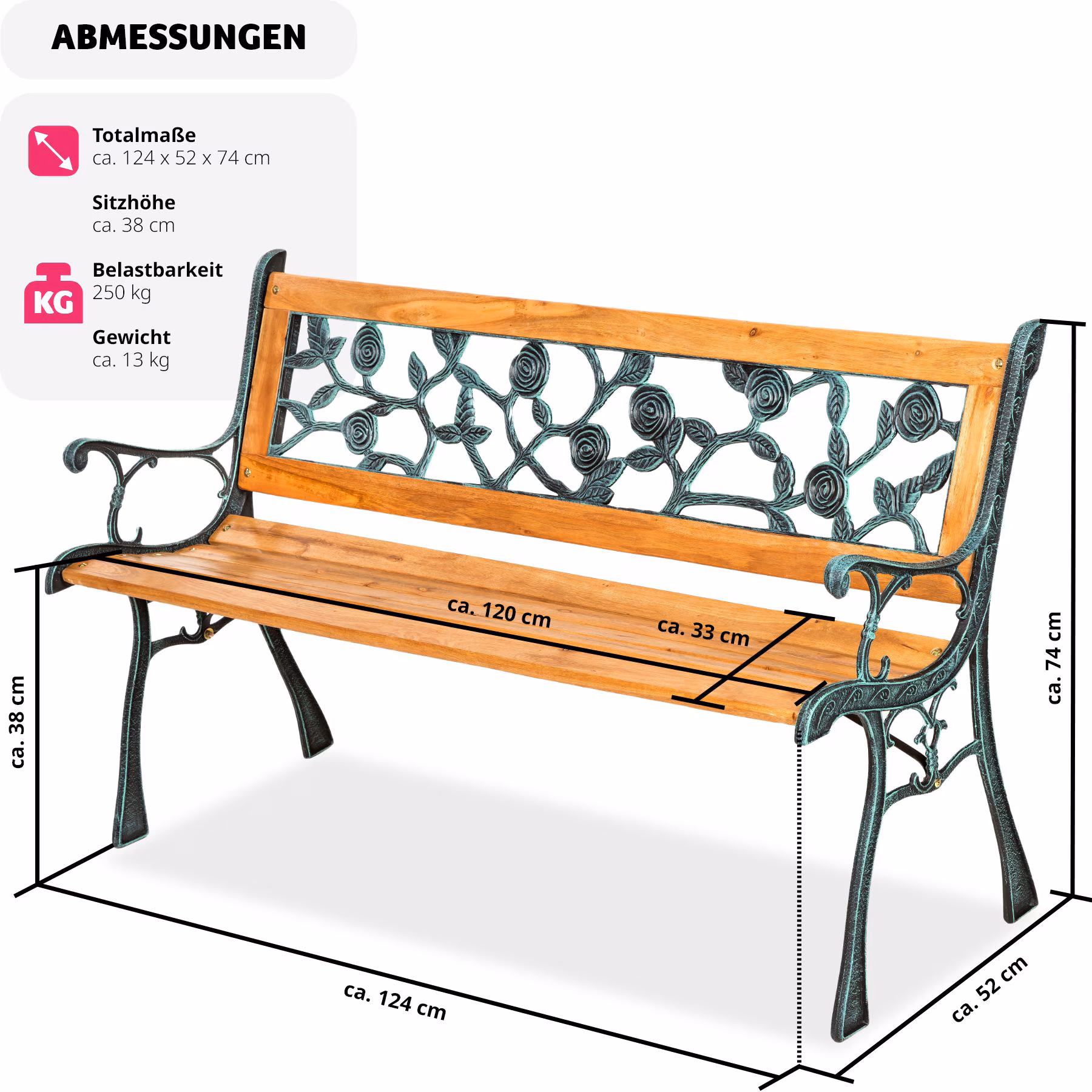 tectake® Gartenbank, 2-Sitzer, wetterfest, 124 x 52 x 74 cm
