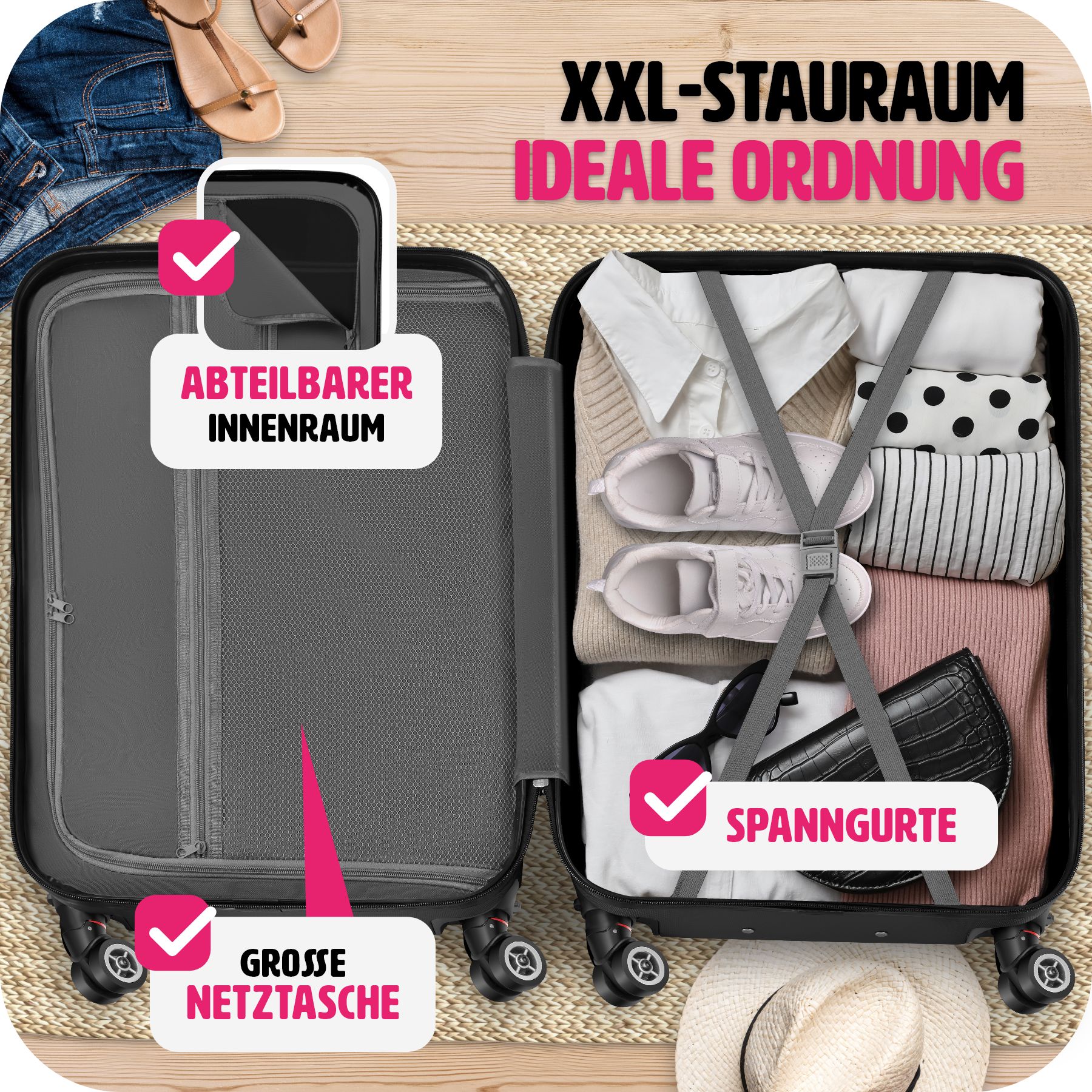 tectake® Hartschalenkoffer-Set, 3-teilig, aus robustem ABS-Kunststoff, 360° drehbare, abnehmbare Rollen, mit Sicherheits-Zahlenschloss