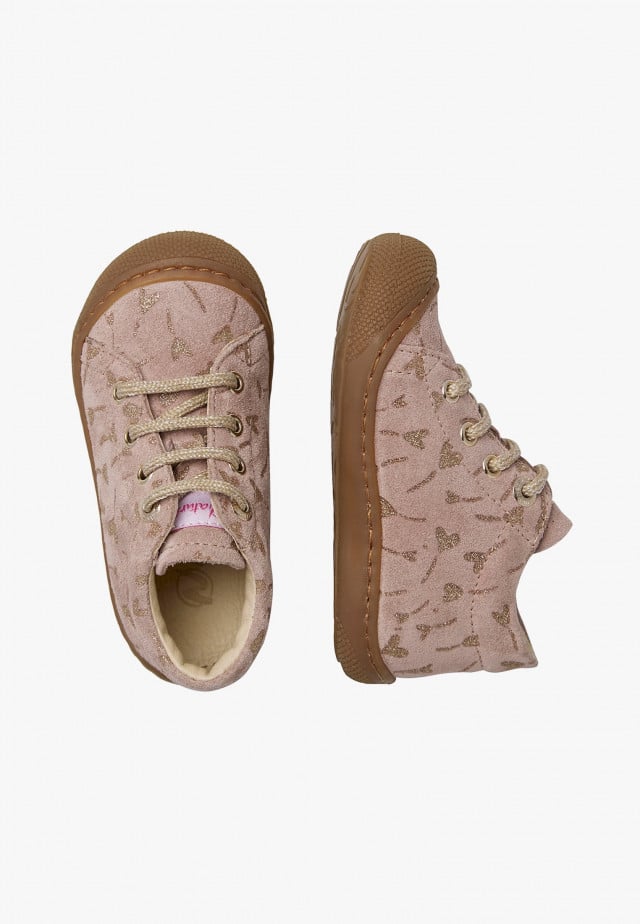 NATURINO COCOONLauflernschuhe aus Veloursleder mit Glitzerherzen, Rosa-Platin