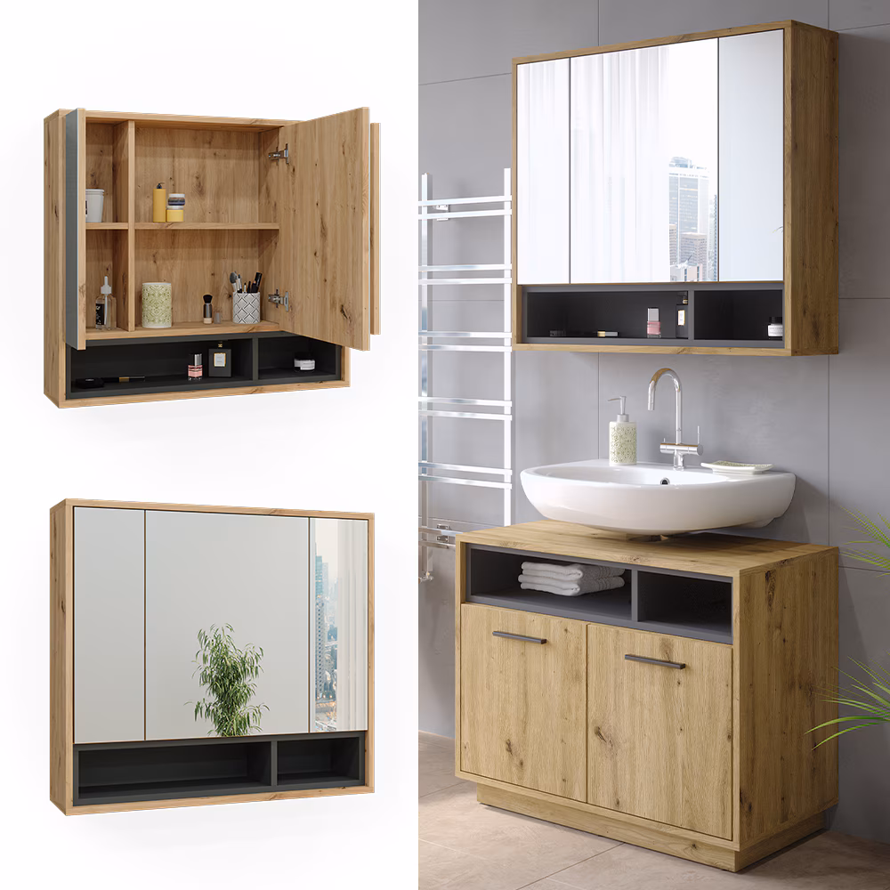 Vicco Spiegelschrank Badschrank Badezimmermöbel Beatrice Eiche Anthrazit modern 80x72 cm Badspiegel Badezimmer Schrank Badmöbel Schranktür Schrankfach