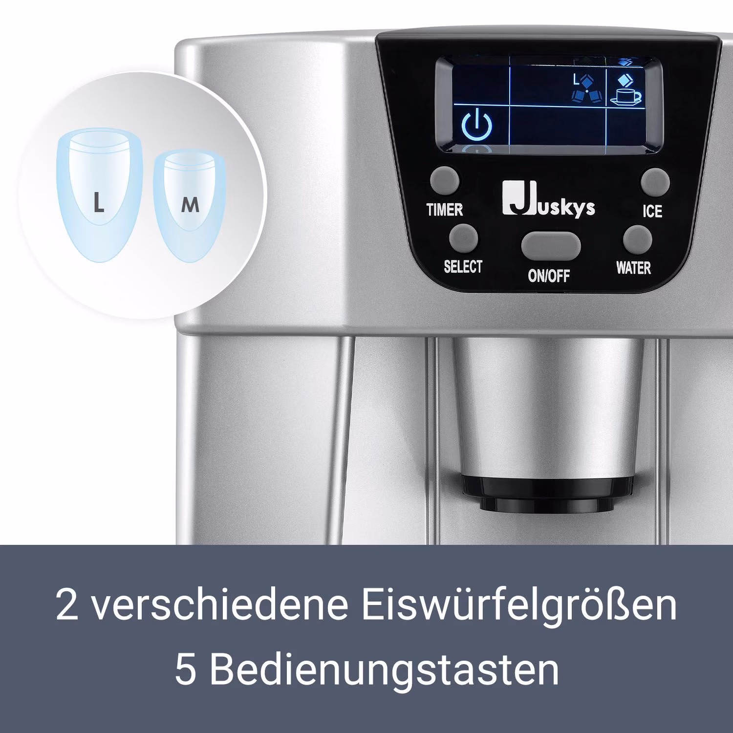 Juskys Eiswürfelmaschine PIM200L – 2 Eiswürfelgrößen, Timer – Elektrischer Eiswürfelbereiter Silber