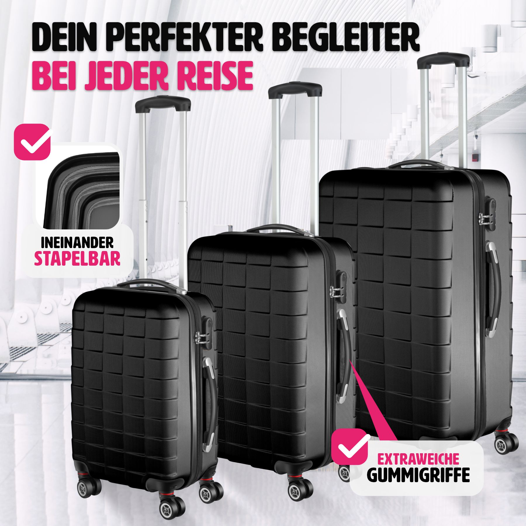 tectake® Hartschalenkoffer-Set, 3-teilig, aus robustem ABS-Kunststoff, 360° drehbare, abnehmbare Rollen, mit Sicherheits-Zahlenschloss
