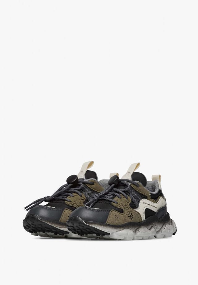 YAMANO 3 JUNIOR.Sneakers aus Kunstleder und technischem Gewebe, Schwarz-Militärgrün