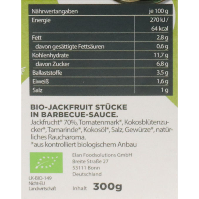 BIO Jackfruit in BBQ Sauce, 300g von JACKY F.