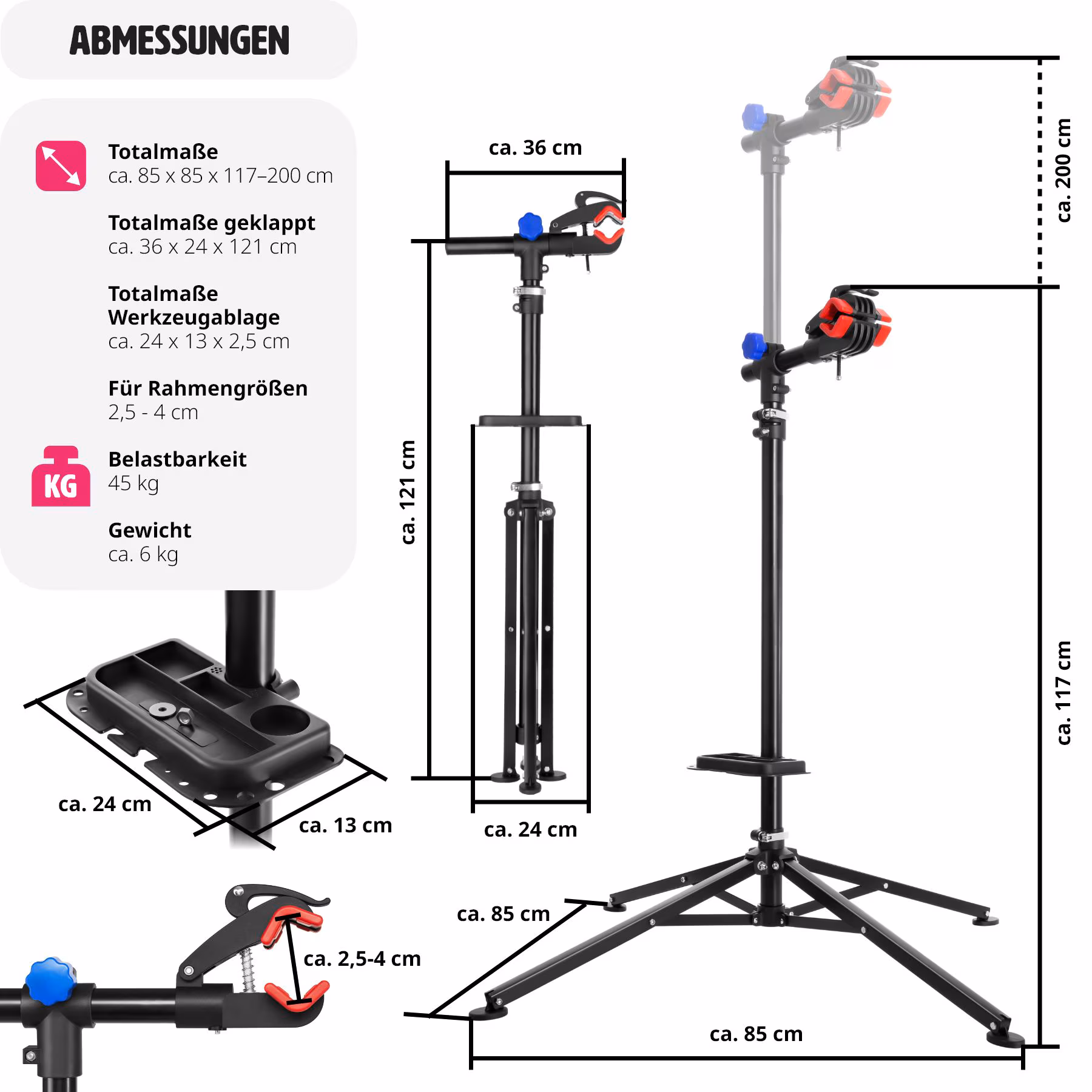 tectake® Fahrradmontageständer, klappbar, für alle gängigen Modelle, lackschonend, inklusive Werkzeugablage