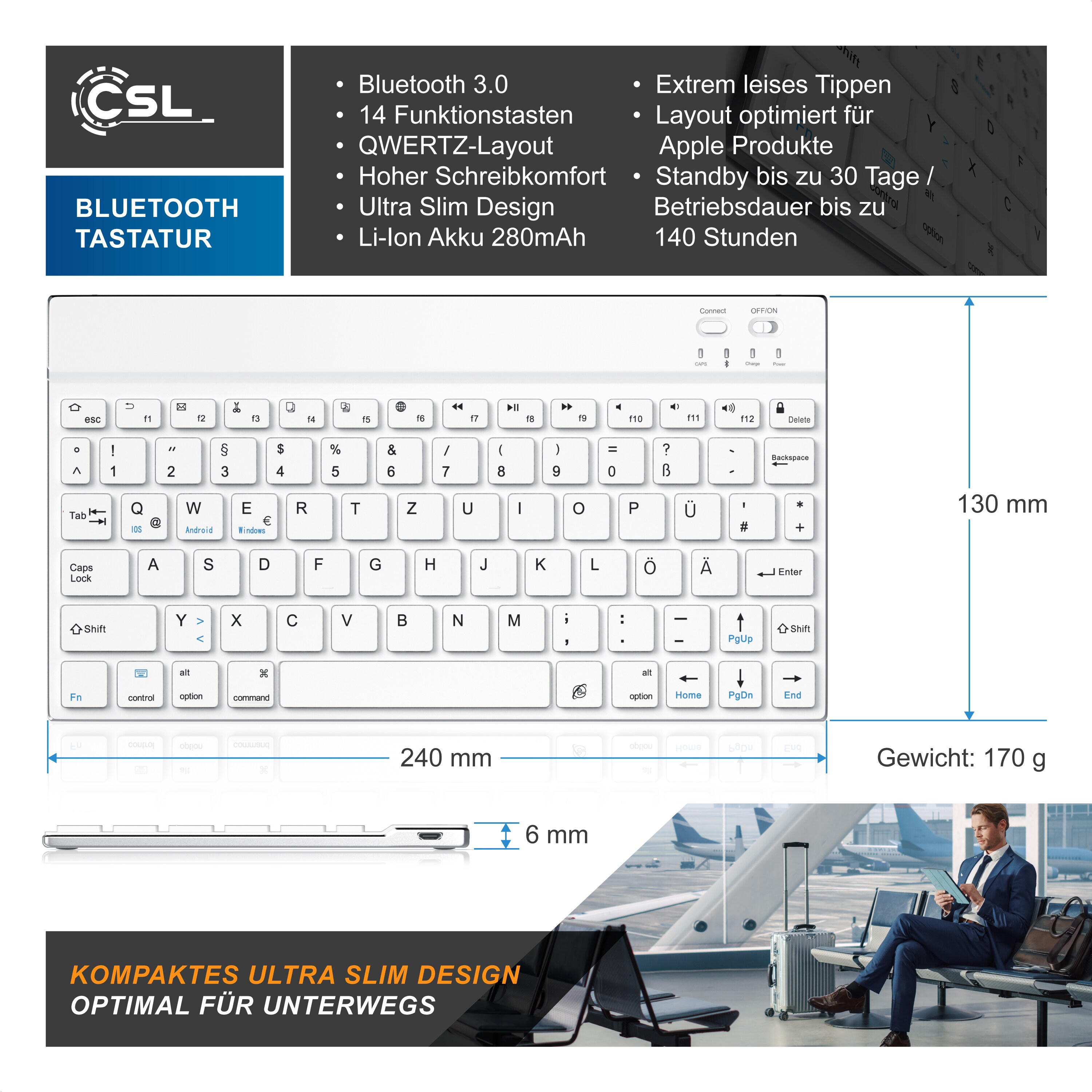 CSL Wireless-Tastatur, Ultra Slim Keyboard, Bluetooth, Aluminium Gehäuse, DE Layout, BT 3.0, weiß